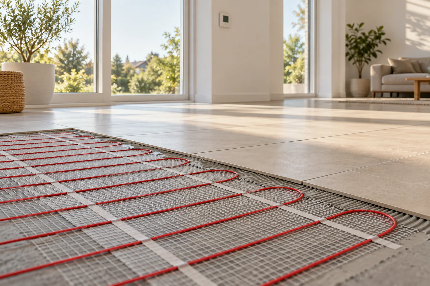 Wizualizacja AI: elektryczna mata grzejna pod podłogą w jasnym wnętrzu
